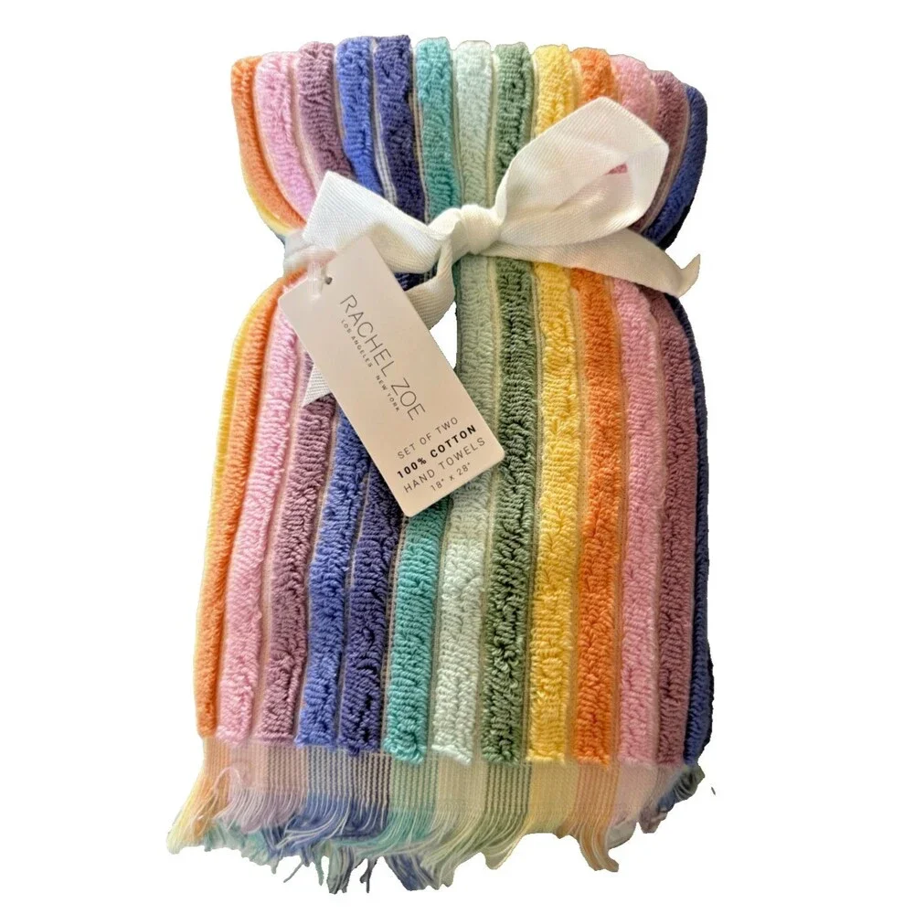Rachel Zoe Soft Hand Towels Rainbow Striped Pride Fringe Dorm 18x28